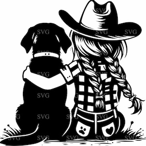 7 cow-girl et chien SVG, 7 fille western avec des tresses, étreignant le chiot, clipart vie à la ferme à la campagne, fichier de coupe Ranch Silhouette