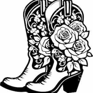 Può includere: Un paio di stivali da cowboy neri con motivi floreali e rose. Gli stivali hanno una punta a punta e un tacco alto.
