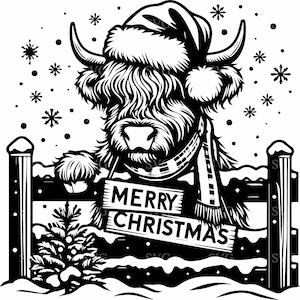 4 Festive Highland Cow Christmas SVG – Santa Hat, Merry Christmas Sign (Cut File)