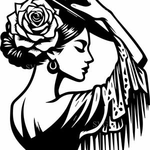 Pode incluir: Ilustração a preto e branco de uma mulher em perfil, com chapéu e uma rosa no cabelo. Ela usa brincos e um xale. A imagem tem um estilo vintage e artístico, que lembra o design clássico.