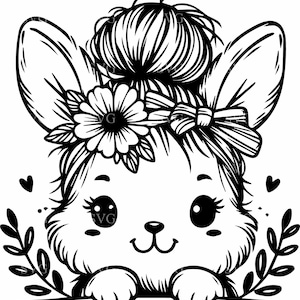 Lapin floral adorable SVG | 8 Lapin furtif mignon avec noeud et fleurs | Clipart animaux pour Cricut Silhouette