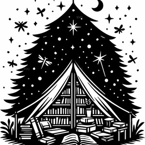 May include: Black and white illustration of a tent-shaped library under a starry night sky. The tent is formed by a large pine tree, with books and reading materials inside and around the tent. A crescent moon and stars are visible.