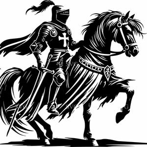 5 file di taglio SVG di cavalieri medievali a cavallo / 5 clipart di silhouette di guerrieri / crociati pronti alla battaglia per Cricut e fai da te