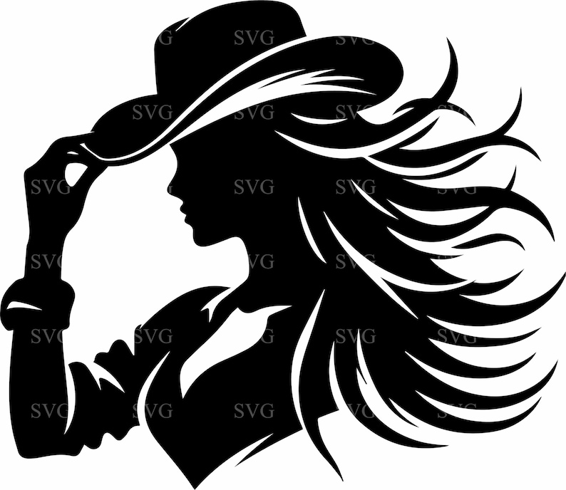May include: A black silhouette of a person wearing a cowboy hat, with long flowing hair. The person is holding the brim of the hat. The image has the text "SVG" repeated throughout.