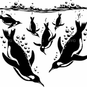4 Penguin SVG – 4 file di taglio di pinguini che nuotano con bolle – Silhouette di animali sottomarini per creazioni Cricut, decorazioni artiche, design oceanico