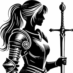May include: A black and white silhouette of a female knight in armour, holding a long sword. The knight has long hair in a ponytail. The image is a vector graphic, with the letters "SVG" visible in the design.