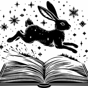 May include: A black and white illustration of a rabbit leaping from an open book. The rabbit is surrounded by stars and snowflakes. The image has the text "SVG" in the lower left and right corners.