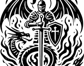 Pode incluir: Ilustração a preto e branco de um cavaleiro com espada e escudo, em frente a um dragão. O cavaleiro tem asas e está rodeado por chamas. O escudo tem uma cruz.