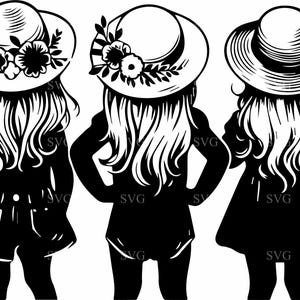 Archivo SVG de corte de hermanas, 5 niñas con peinados florales y sombrero para el sol, elegante silueta infantil, descarga digital