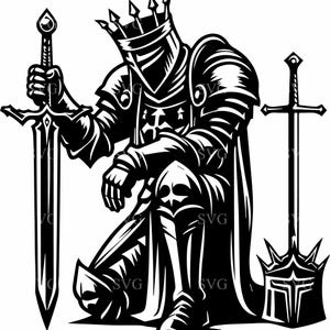 Agenouillé Armored King SVG 4 coupe fichier - noble guerrier avec couronne et épée, art chevalier royal, téléchargement numérique