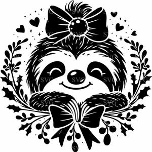 May include: A black and white illustration of a smiling sloth wearing a bow and surrounded by a wreath of leaves, hearts, and stars. The sloth has a large bow on its head and a smaller bow at the bottom.