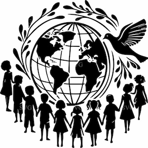Puede incluir: Ilustración en blanco y negro que presenta un globo terráqueo rodeado por una corona y una paloma en vuelo. Niños tomados de la mano rodean el globo, simbolizando la unidad y la paz. Adecuado para diversas aplicaciones.