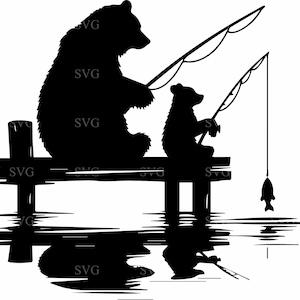 5 ours de pêche avec un ourson SVG, père et bébé ours sur le quai, fichier coupé, scène de lac sauvage pour travaux manuels Cricut et laser