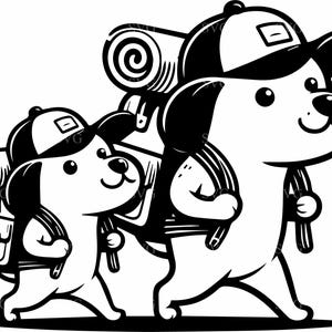 9 SVG de perros de camping, siluetas de cachorros adorables con mochilas y sombreros, archivo de corte de aventura de senderismo para proyectos de Cricut