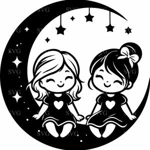 7 Dos lindas chicas en luna creciente SVG 7 Archivo de corte Cielo nocturno Silueta Clipart para Cricut y Silhouette Crafts