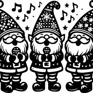 4 gnomi che cantano canti natalizi – 4 gnomi cantanti SVG – Clipart di musica natalizia per Cricut, decorazioni festive, lavoretti invernali