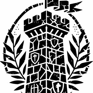 May include: Black and white illustration of a stone tower with a flag on top. The tower is surrounded by a wreath of leaves. The tower has a cross on each side.