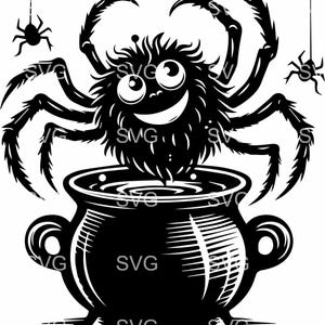 8 file di taglio SVG di ragno stregonesco / Ragno carino nel calderone con cappello da strega e ragnatele / Clipart di Halloween per Cricut e Silhouette