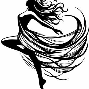 Könnte beinhalten: Eine schwarz-weiße Silhouette einer Tänzerin in Bewegung. Die Figur ist anmutig posiert, mit einem ausgestreckten Bein und ausgestreckten Armen, fließendem Haar und einem kleidartigen Element, das ein Gefühl von Bewegung und Fluidität erzeugt. Das Bild ist vor einem weißen Hintergrund.