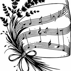 Può includere: Illustrazione in bianco e nero di note musicali che scorrono attorno a un nastro, con rametti di lavanda e un fiocco. Un elemento decorativo per progetti a tema musicale.