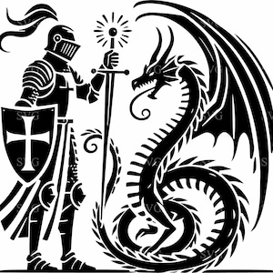 Può includere: Un'illustrazione in bianco e nero di un cavaliere che tiene una spada e si confronta con un drago. Il cavaliere indossa un'armatura e un elmo con una piuma. Il drago ha ali e una lunga coda.
