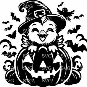 8 file SVG di pulcini di Halloween, 8 simpatici pulcini con cappello da strega e zucca, clipart di uccelli festivi per Cricut e Silhouette