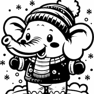 Puede incluir: Ilustración en blanco y negro de un elefante sonriente con gorro de invierno, bufanda y mitones. El elefante está rodeado de copos de nieve y está de pie en la nieve. El elefante lleva una bufanda a rayas y un gorro con pompón.