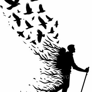 8 pássaros viajantes SVG, 8 silhuetas de homens caminhando com pássaros voando, vetor de jornada da liberdade, design inspirador Cricut