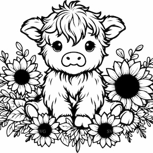 Vache Highland avec tournesols SVG 5 fichier coupe | Art animalier et floral de la ferme adorable | Conception artisanale de campagne rustique