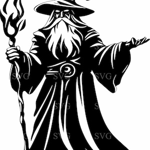 Fichier de coupe SVG Wizard 8 pour Cricut, Clipart Silhouette sorcier magique, Magic Fire Mage Spellcaster Design