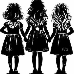 手をつなぐ3人の女の子 SVG 4 カット ファイル - 心温まるシルエット デザイン - クラフト用の気まぐれな友情アート