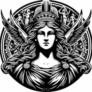 May include: Black and white illustration of a woman with long flowing hair, wings, and a crown. The image is set within a circular frame, featuring additional figures and decorative elements. The style is reminiscent of classical art.