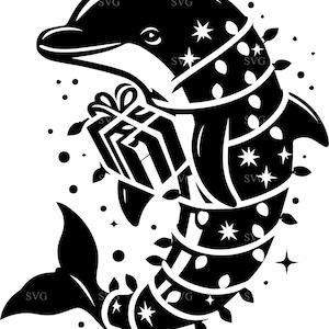 Fichier de coupe SVG 4 dauphins avec des lumières de Noël et des cadeaux - parfait pour les travaux manuels de décoration de plage de vacances