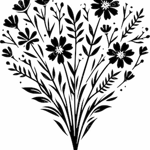 10 fiori selvatici a forma di cuore in formato SVG 10, silhouette di bouquet floreale in formato PNG, clipart di natura per Cricut, vettore botanico digitale
