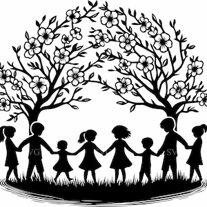 May include: A black and white silhouette of children holding hands under two flowering trees. The trees form an arch over the children, with the letters "VG" and "SV" visible on the image.