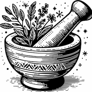 May include: Black and white illustration of a mortar and pestle with herbs. The mortar has a decorative pattern around the bowl. The pestle is angled across the bowl. Sprigs of herbs are inside the mortar, with star-shaped accents around the mortar and pestle.