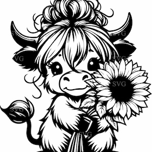6 Vaca de las Tierras Altas SVG, archivo de corte de 6 piezas con girasol: adorable vaquilla con moño y pelaje esponjoso