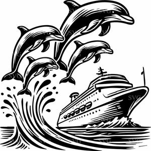 Dauphins et bateau de croisière fichier coupe SVG 3 - dauphins sautant scène de l'océan - cliparts nautiques pour Cricut et Silhouette