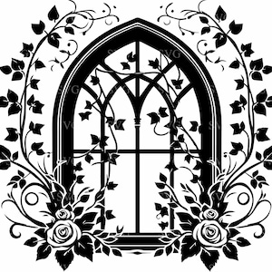 May include: Black and white silhouette of a gothic window with vines and roses. The window has a pointed arch and is divided into three sections by mullions. The vines are growing up the sides of the window and are covered in leaves and flowers. The roses are blooming at the bottom of the window.