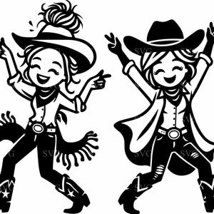 6 Funny Cowgirls SVG, Cartoon Western Girls with Fringe Outfits and Hats, Cute Country Style Cricut Cut File