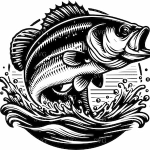 Archivo de corte SVG de pesca de lubina para Cricut, imágenes prediseñadas de peces saltando para manualidades de pescadores, diseño de silueta de pesca en el lago