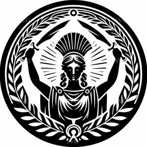 May include: Black and white circular emblem featuring a classical female figure holding two swords aloft. The figure is surrounded by a laurel wreath and sunburst rays, with decorative elements.