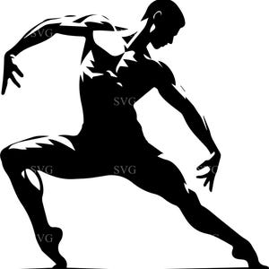 Peut inclure: Une illustration en silhouette noire à haut contraste représentant une personne dansant dans une pose dynamique. La figure est capturée dans une position basse et large, une jambe pliée et l'autre étendue, les bras tendus dans un mouvement fluide.