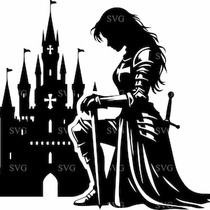 4 archivos SVG de caballero femenino (4 cortes) - Mujer guerrera arrodillada con espada y silueta de castillo - Clipart de fantasía medieval