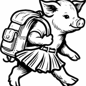 May include: A black and white illustration of a pig wearing a backpack and a skirt. The pig is walking with its head turned to the side and its mouth slightly open.