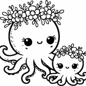 May include: A black and white line drawing of two cartoon octopuses. The larger octopus is wearing a flower crown and has a happy expression. The smaller octopus is also wearing a flower crown and is nestled against the larger octopus.
