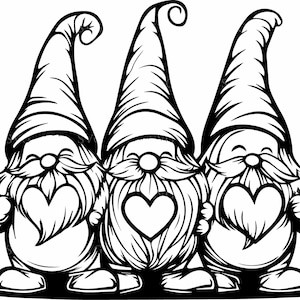 Heart Gnomes SVG 8 Cut File, Trio of Gnomes Holding Hearts Vector Art ...