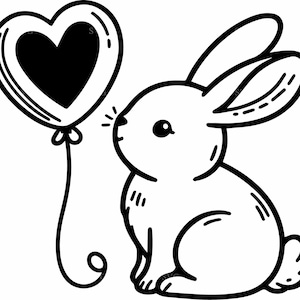 Cute Bunny with Heart Balloon SVG 4 Cut File | Adorable Rabbit & Flowers Clipart | Kids Nursery Art for Cricut