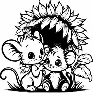 Fichier de coupe SVG 4 adorables souris | Jolie paire de souris assises sous un tournesol | Thème animalier SVG pour Cricut & Silhouette