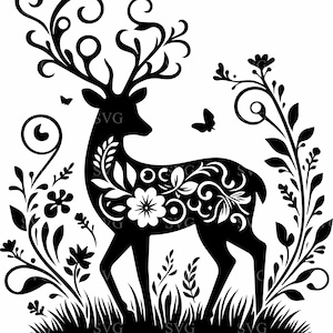 5 file di taglio SVG di cervi floreali - Elegante cervo con corna di fiori, silhouette di animali della foresta naturale per Cricut e Silhouette